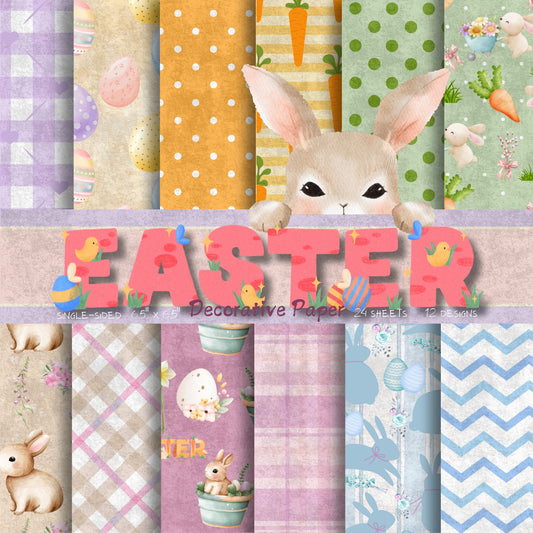 Easter Decorative Paper, Bunny, Carrot, Egg Pattern, Colorful, Rustic, Journal, Craft, DIY, Cards, Holiday Scrapbooking (Purple/Orange/Green/Blue) 6.5" x 6.5"