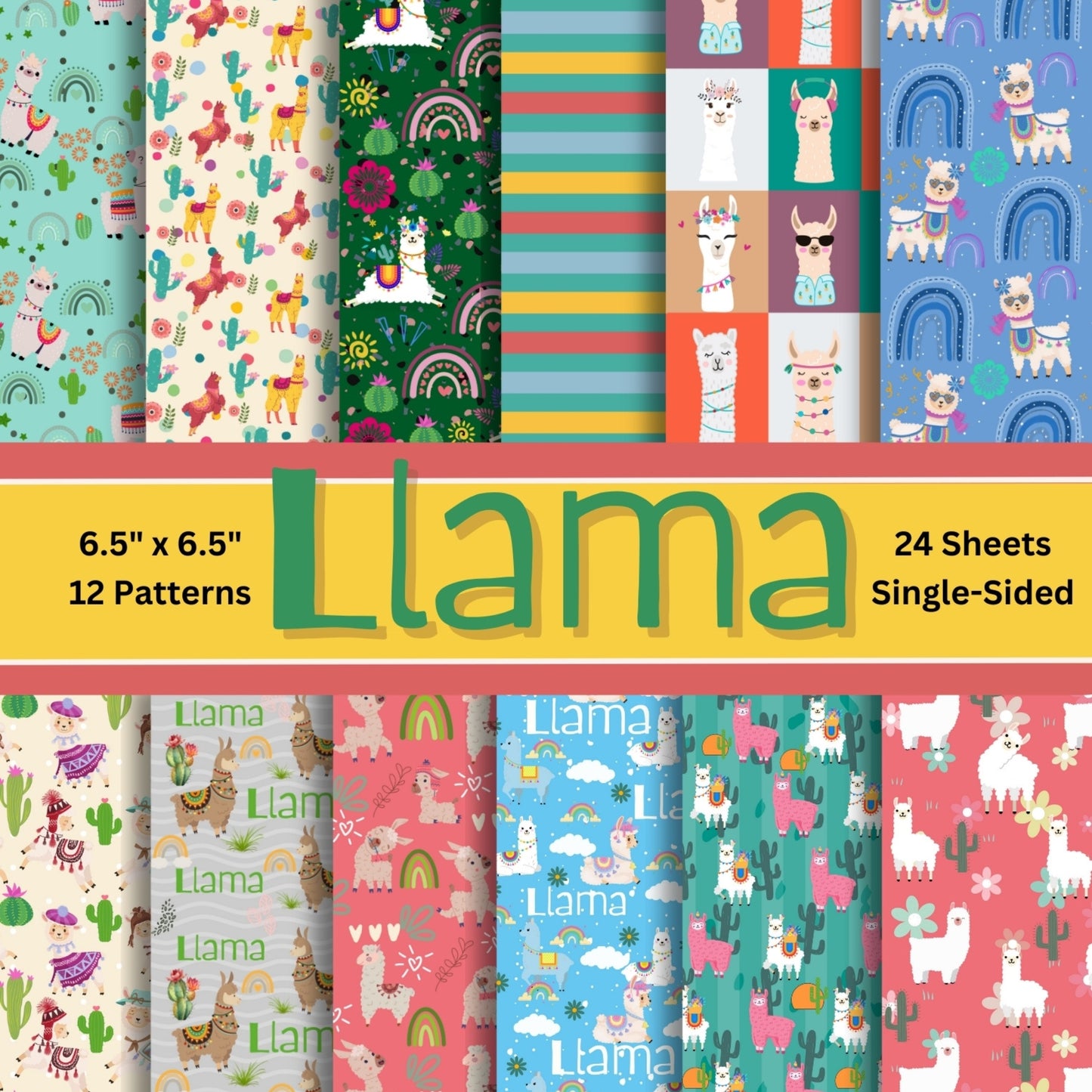 Festive Llama Decorative Paper, 12 Patterns (Multicolor, 6.5 in. x 6.5 in.)