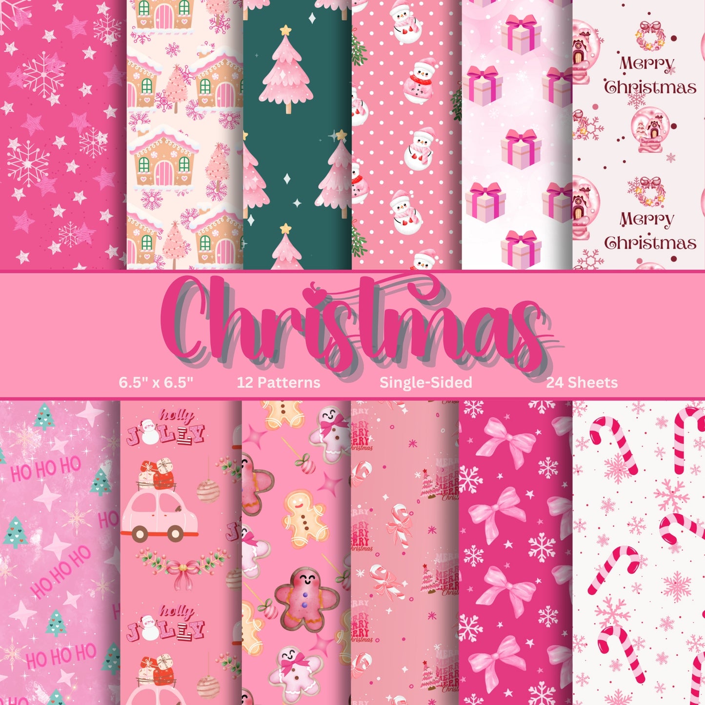 Pink Christmas Decorative Scrapbook Paper, 12 Patterns, Single-Sided, 24 Sheets, 6.5" x 6.5, Unique, Gift, Decoupage, Journal, Card making