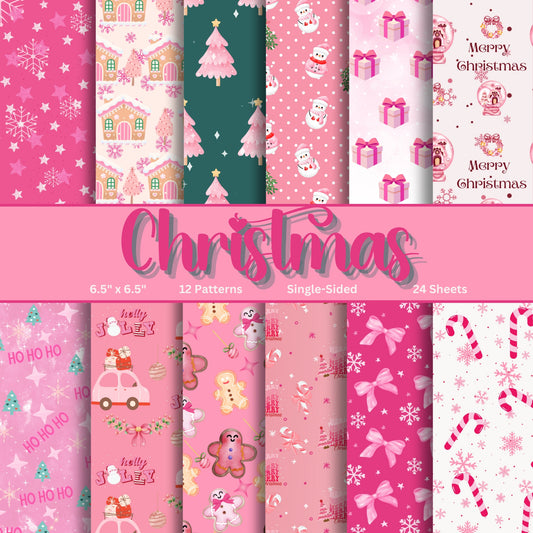 Pink Christmas Decorative Scrapbook Paper, 12 Patterns, Single-Sided, 24 Sheets, 6.5" x 6.5, Unique, Gift, Decoupage, Journal, Card making