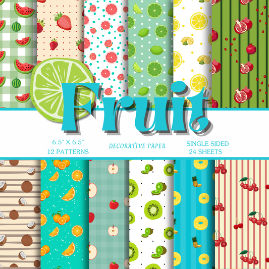 Fruit Decorative Paper, Single-Sided, 12 Patterns, 24 Sheets, 6" x 6"