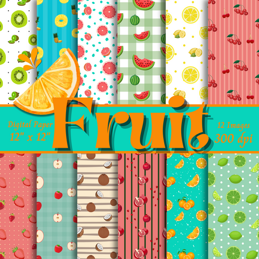 Fruit Decorative Paper, 6.5" x 6.5", Single-Sided, 12 Patterns, 24 Sheets