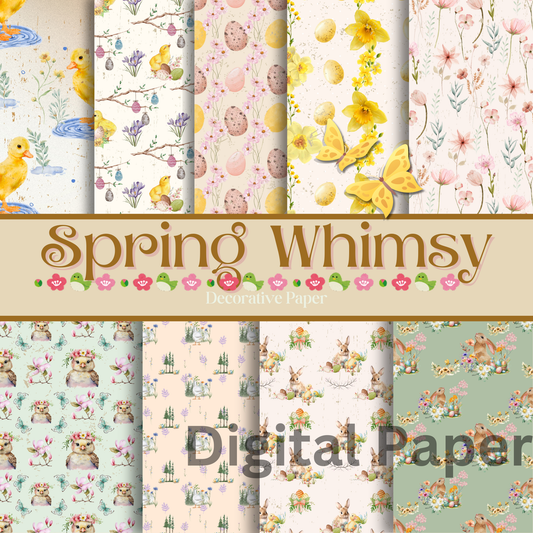 Spring Whimsy Digital Paper Pack – 12x12 Scrapbook Paper, Easter Bunny & Floral Patterns, Printable Craft Paper Download (9 Designs)