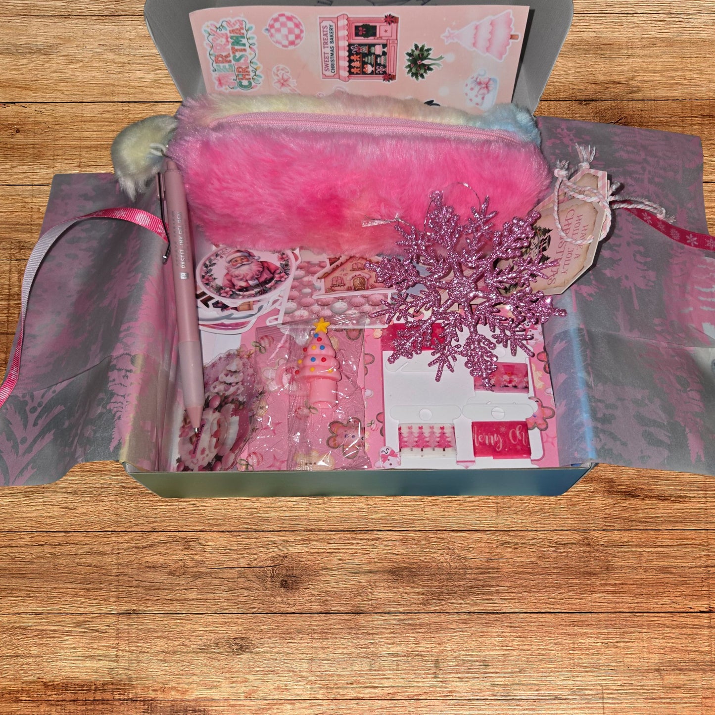 Grab Box: Pink Christmas Scrapbooking/Journal Paper and Stickers Kit