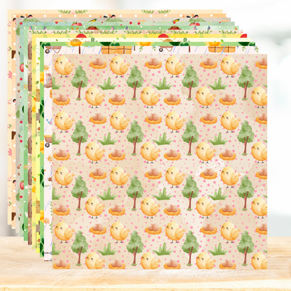 Set of colorful paper sheets with cute chicken and tree pattern on a wooden surface