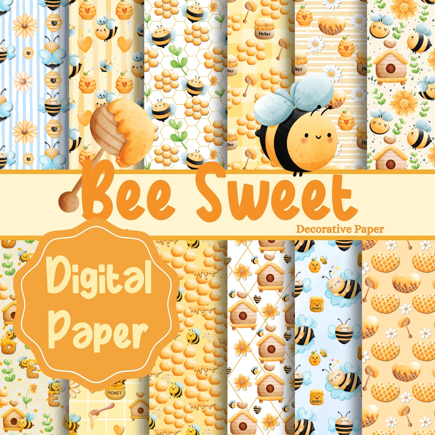 Bee Sweet Printable Scrapbook Paper Pack – 16 Digital Papers (12x12, 300 DPI JPEG)