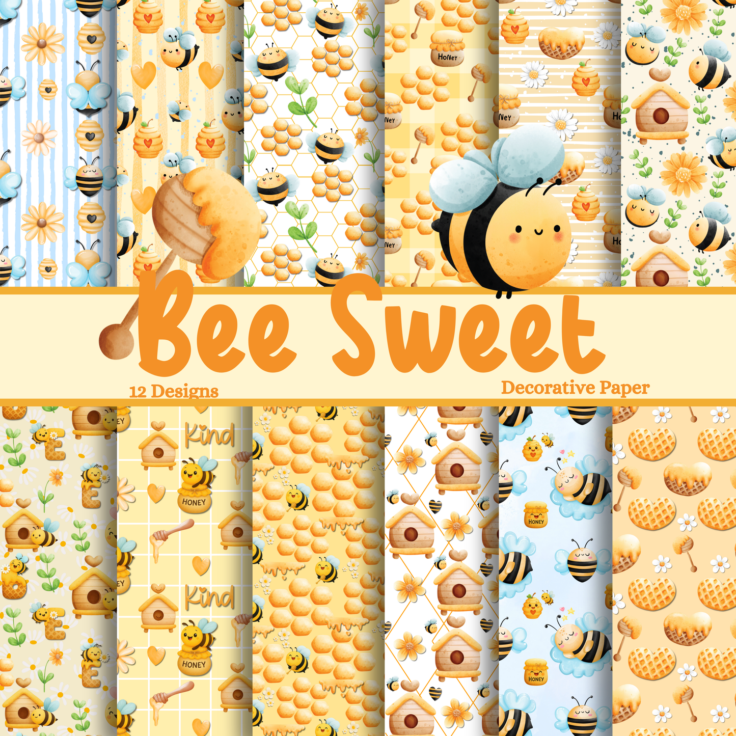 “Bee Sweet” Watercolor Scrapbook Paper Pack – 24 Sheets (12 Designs, 2 Each) – Cute Honeybee Theme for Crafts & Journaling