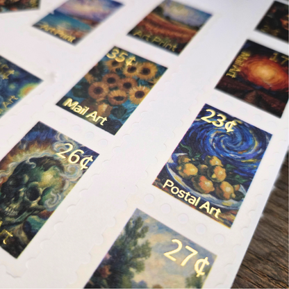 Art Inspired Stamp Sticker Roll with Gold Foil – Luxury Journaling & Scrapbook Ephemera