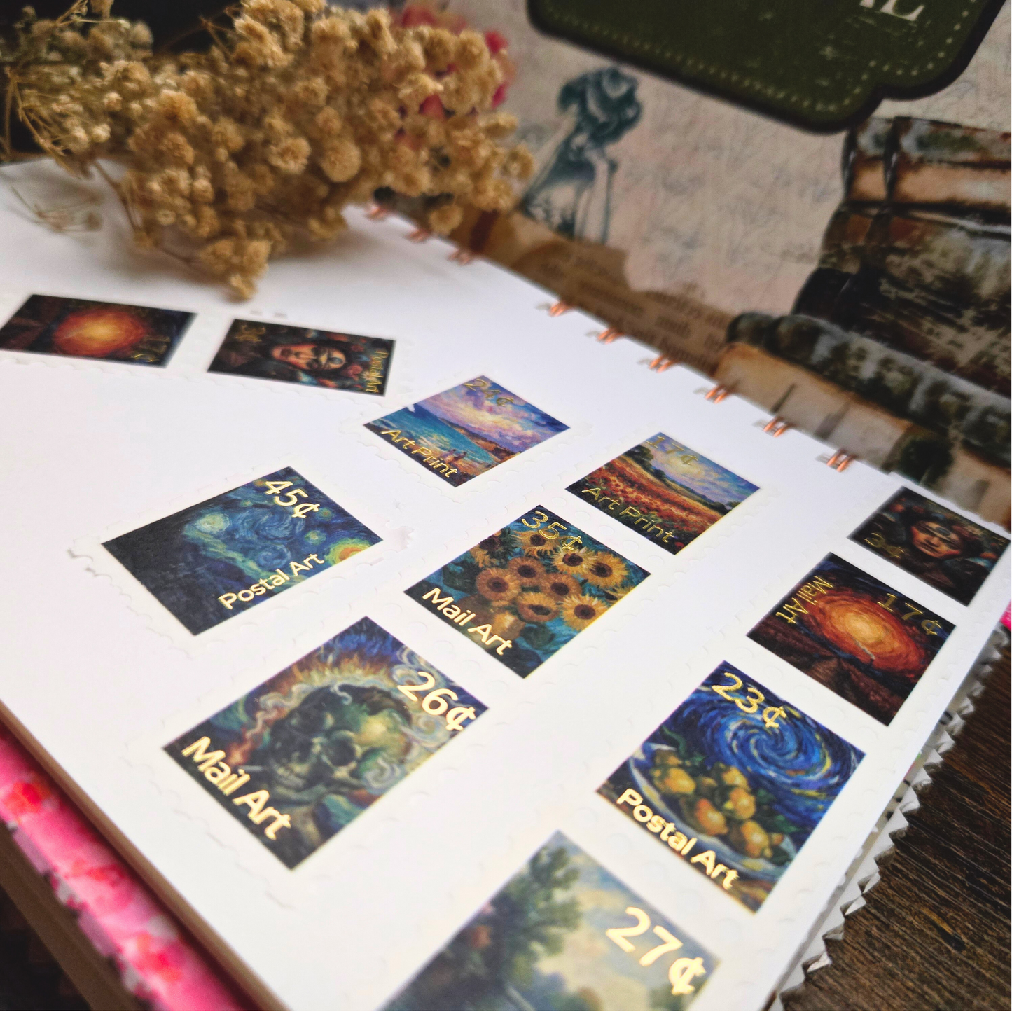 Art Inspired Stamp Sticker Roll with Gold Foil – Luxury Journaling & Scrapbook Ephemera
