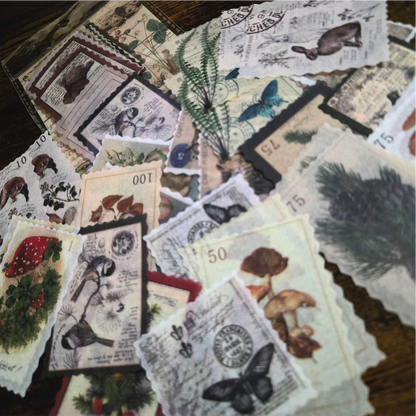 Vintage Postage Stamp Stickers | 30-Piece Aesthetic Sticker Pack | Scrapbooking & Junk Journaling Supplies | Nature Ephemera
