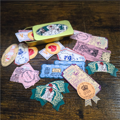 Mysterious Alice Flake Stickers in Tin | Shinzi Katoh | Alice in Wonderland | Japanese Sticker Set | 30 pcs
