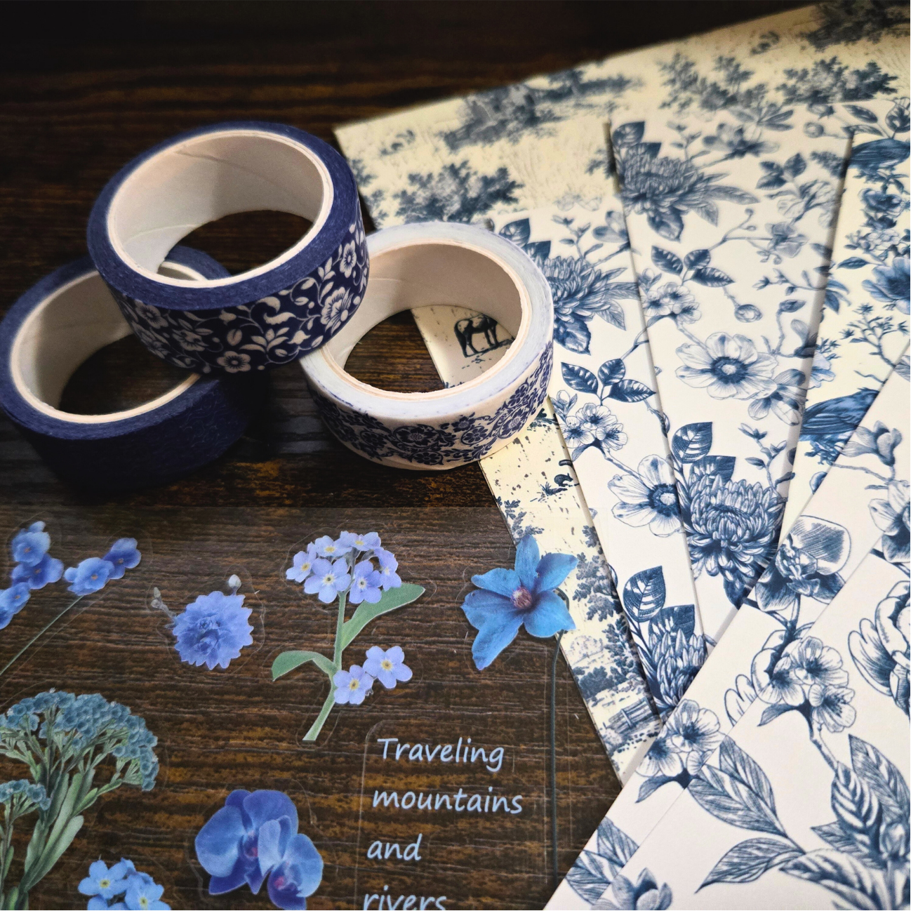 Blue Reverie Scrapbook Kit | French Toile Paper, Chinoiserie Washi Floral PET Stickers | Blue & White Journaling Bundle