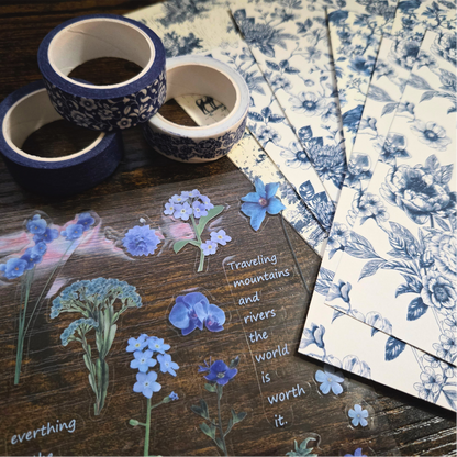 Blue Reverie Scrapbook Kit | French Toile Paper, Chinoiserie Washi Floral PET Stickers | Blue & White Journaling Bundle