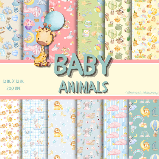 Decorative Baby Animals Paper, Scrapbooking Paper Pack, Journaling, Blue, Green, Pink, Yellow, Pastel, Nursery