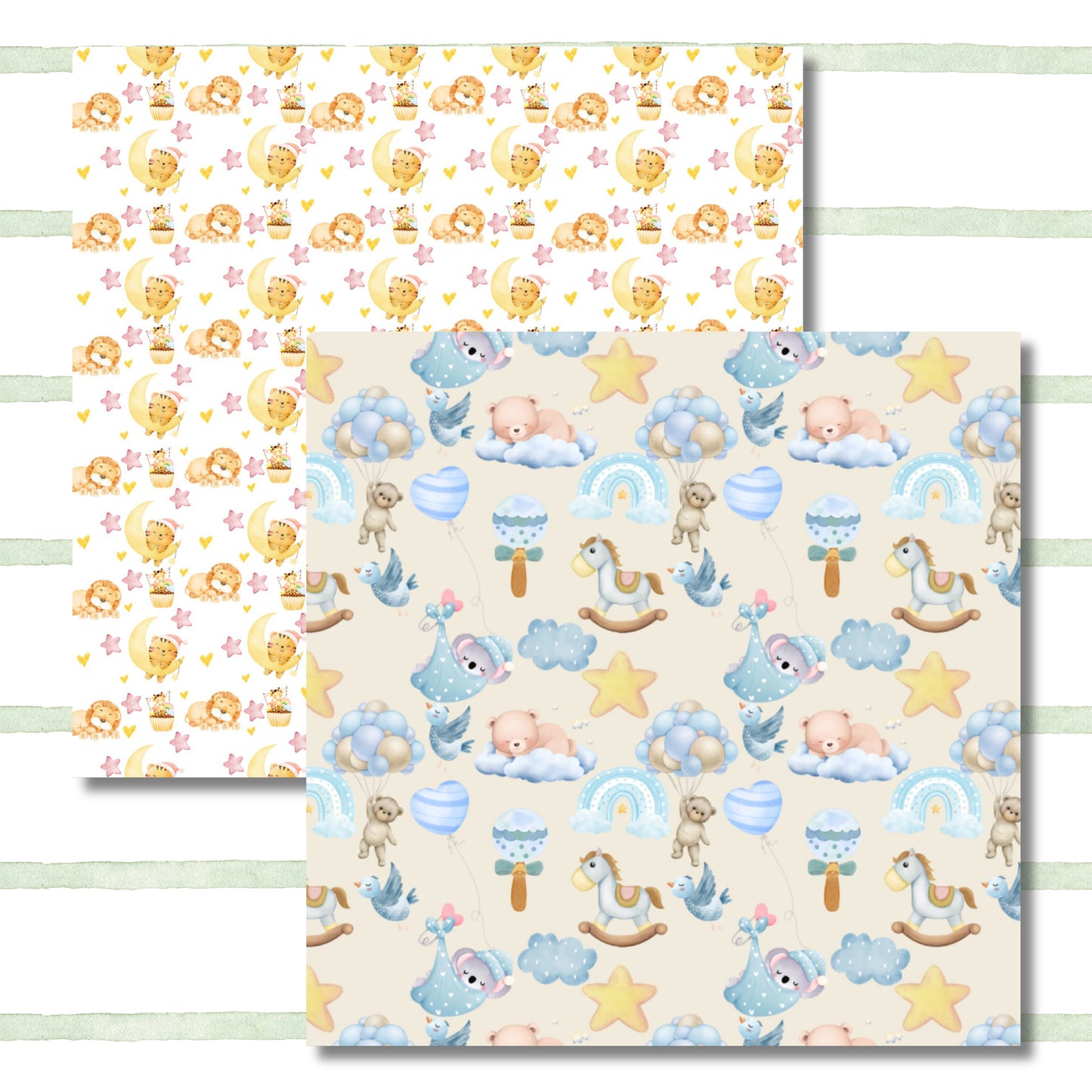 Decorative Baby Animals Paper, Scrapbooking Paper Pack, Journaling, Blue, Green, Pink, Yellow, Pastel, Nursery