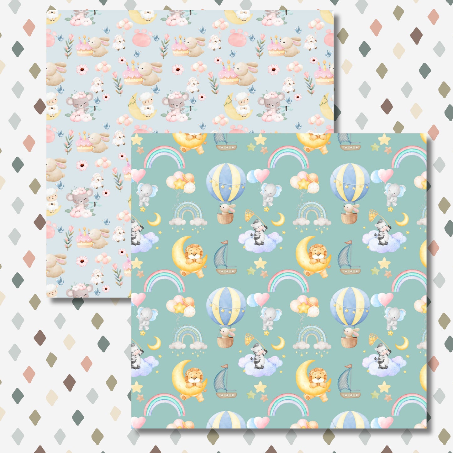 Decorative Baby Animals Paper, Scrapbooking Paper Pack, Journaling, Blue, Green, Pink, Yellow, Pastel, Nursery